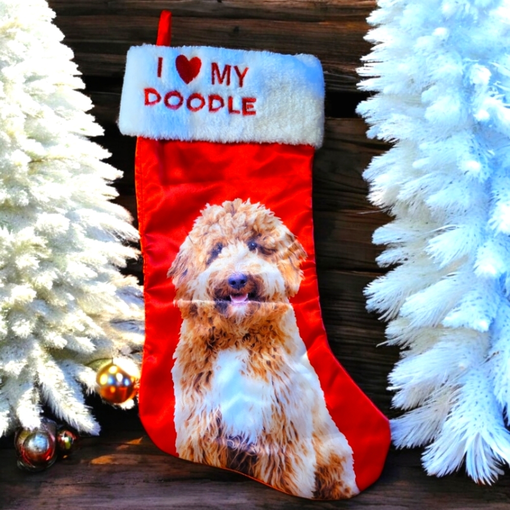 NWOT Holiday Time I Love My Doodle Dog Embroidered Fabric Christmas Stocking 17"